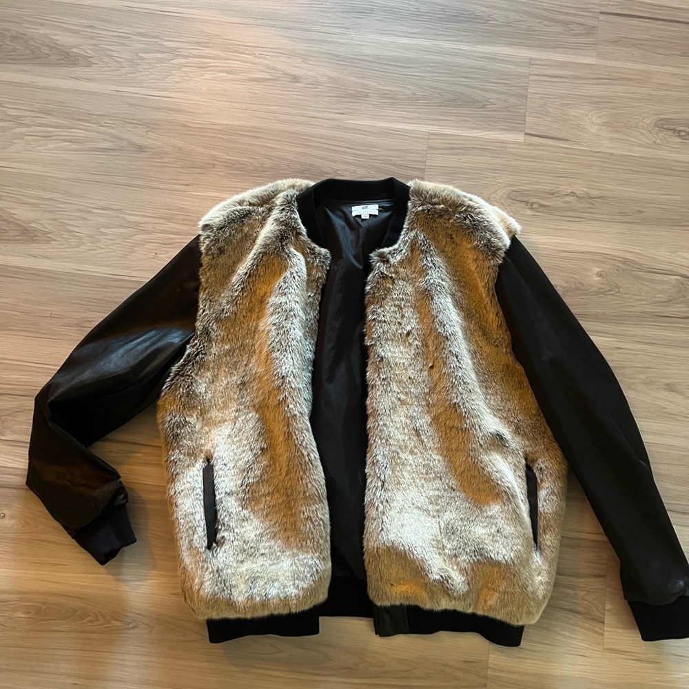 Men's Black and Cream Faux Fur Jacket Dope Bomber